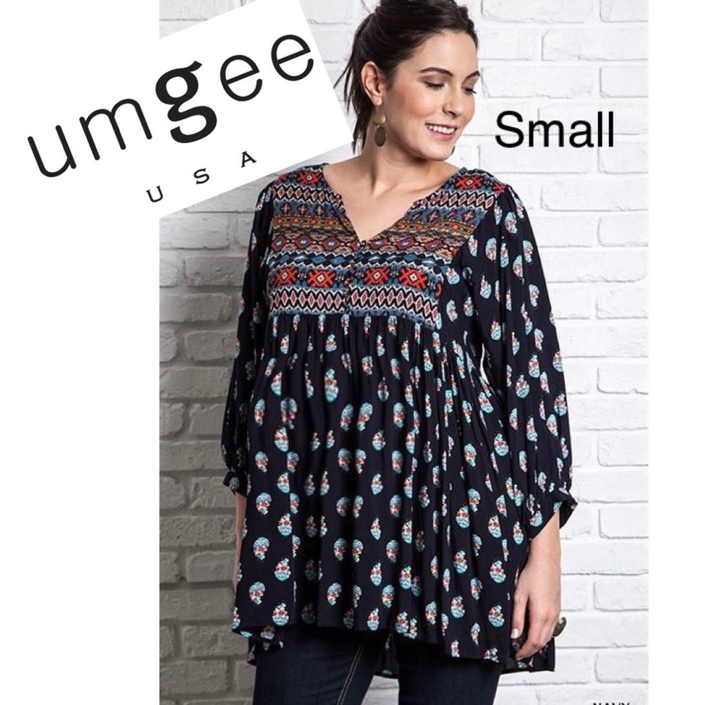 Umgee Navy Boho Aztec Baby Doll Peasant Tunic Floral Small